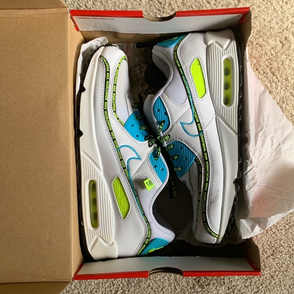 Nike Air Max 90 SE worldwide white blue fury black volt in box + laces stickers - Picture 1 of 11